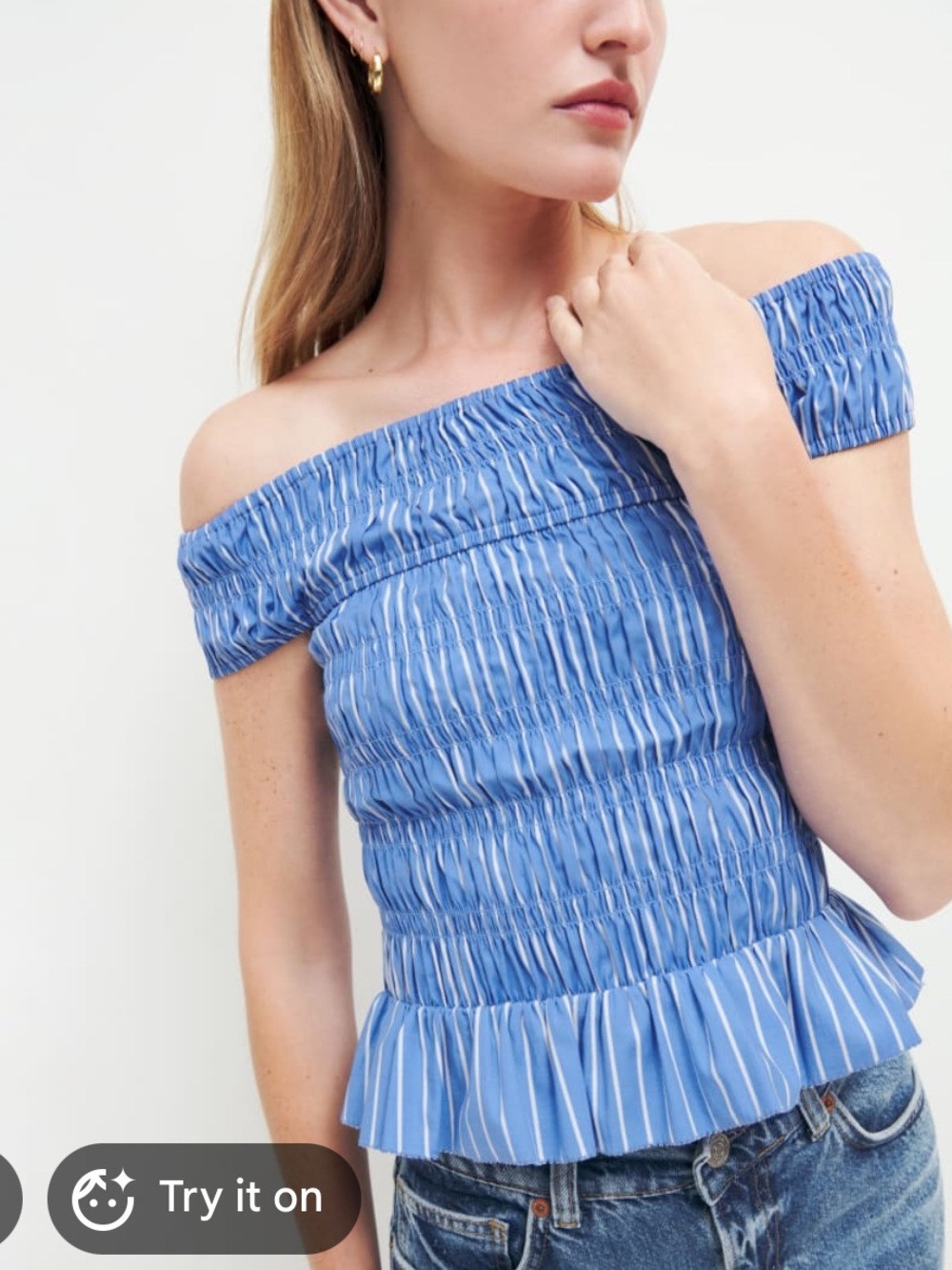 Reformation Blue Striped Off-Shoulder Smocked Peplum Top